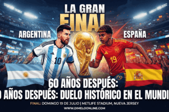 Banderas de Argentina y España frente a un estadio de fútbol por la final del Mundial 2026.