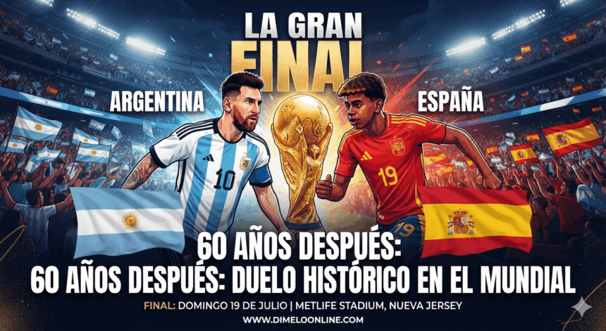 Banderas de Argentina y España frente a un estadio de fútbol por la final del Mundial 2026.
