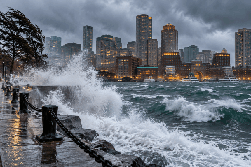 Fuertes olas durante tormenta nor’easter en Massachusetts