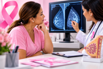 Profesional de salud examina una mamografía como parte de la detección del cáncer de mama