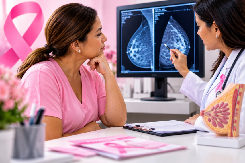 Profesional de salud examina una mamografía como parte de la detección del cáncer de mama